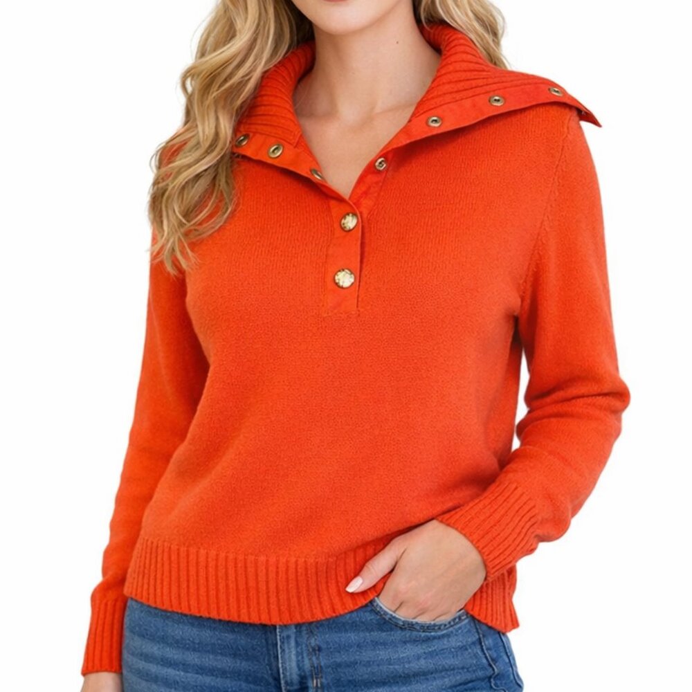 VTG Lauren Ralph Lauren Sailor Collar Half Snap 100% Cotton Sweater Orange S
